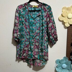 Persaman New York Graphic Green and Blue Blouse 3/4 Sleeve
